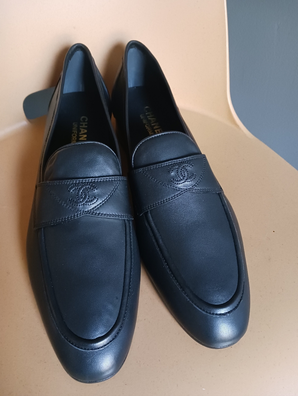 Chanel Uniform Black Leatger Loafers Size 46C,new Never Used